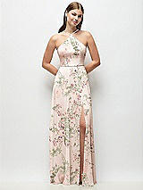Front View Thumbnail - Blush Garden High-Neck Halter Floral Chiffon Maxi Dress with Adjustable Spaghetti Straps