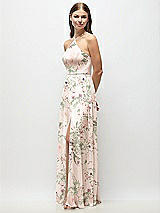 Side View Thumbnail - Blush Garden High-Neck Halter Floral Chiffon Maxi Dress with Adjustable Spaghetti Straps
