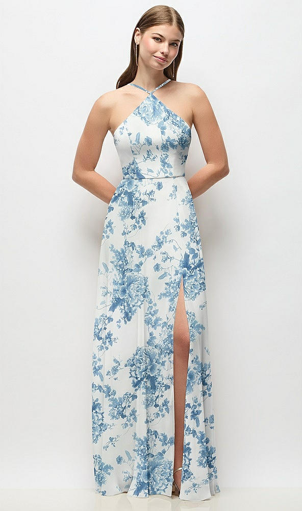 Front View - Cottage Rose Dusk Blue High-Neck Halter Floral Chiffon Maxi Dress with Adjustable Spaghetti Straps