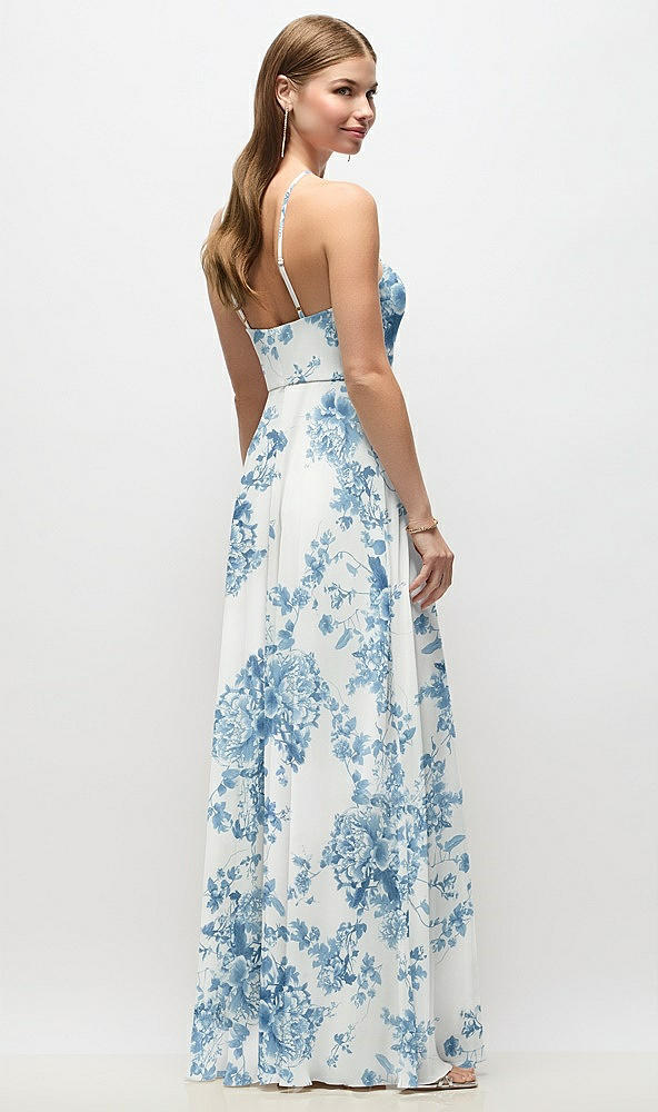 Back View - Cottage Rose Dusk Blue High-Neck Halter Floral Chiffon Maxi Dress with Adjustable Spaghetti Straps