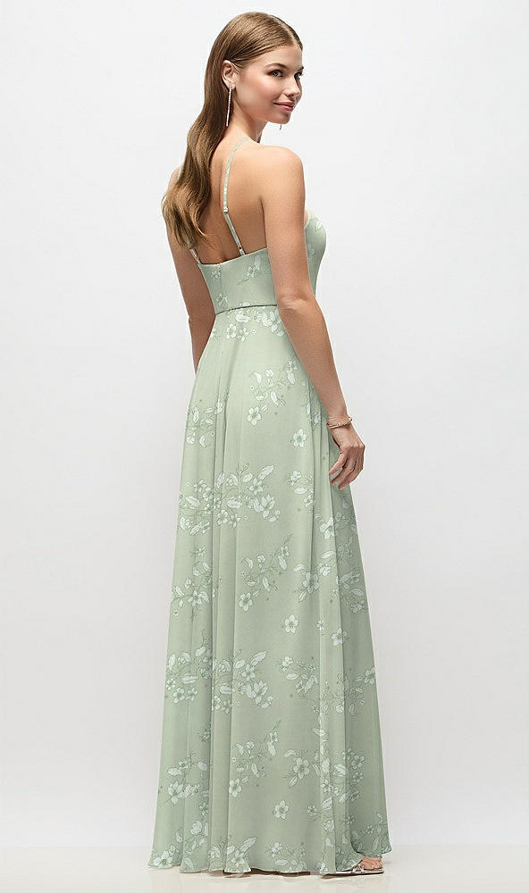 Back View - Vintage Primrose Sage High-Neck Halter Floral Chiffon Maxi Dress with Adjustable Spaghetti Straps
