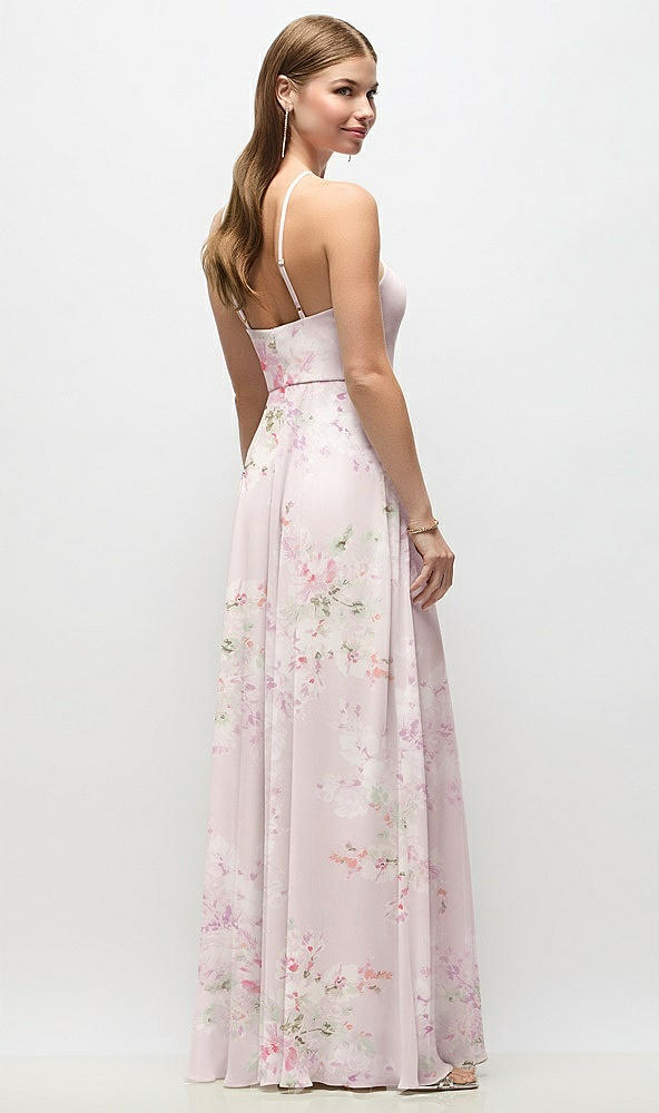 Back View - Watercolor Print High-Neck Halter Floral Chiffon Maxi Dress with Adjustable Spaghetti Straps