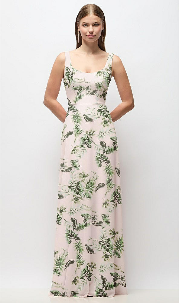 Front View - Palm Beach Print Scoop Neck Tank Strap Floral Chiffon Maxi Dress