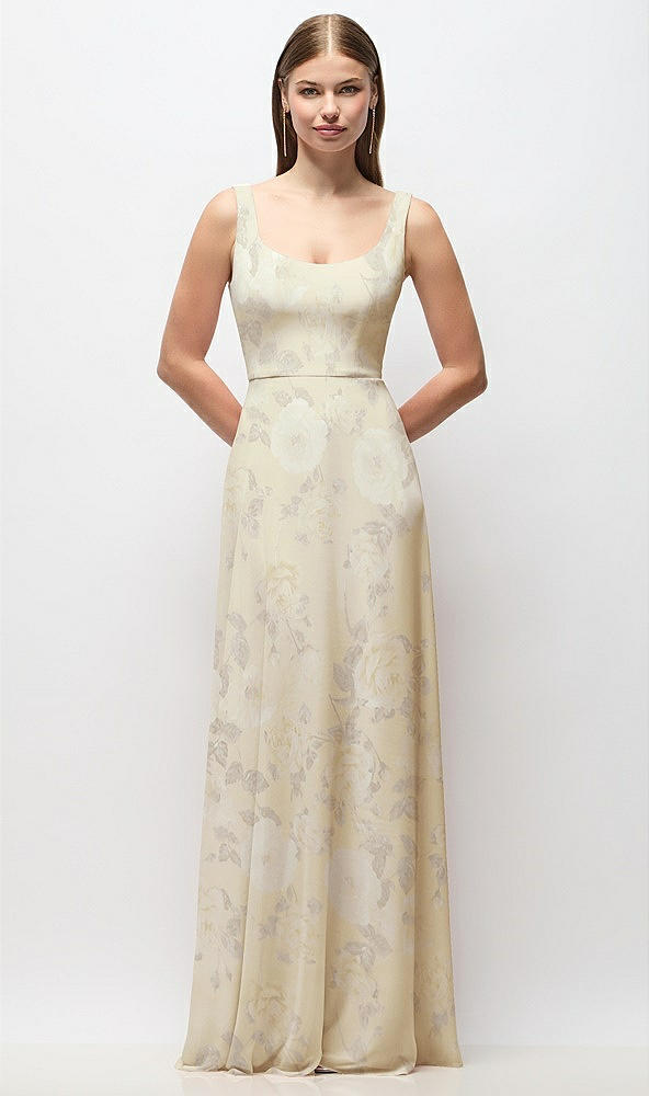 Front View - Butter Yellow Floral Scoop Neck Tank Strap Floral Chiffon Maxi Dress