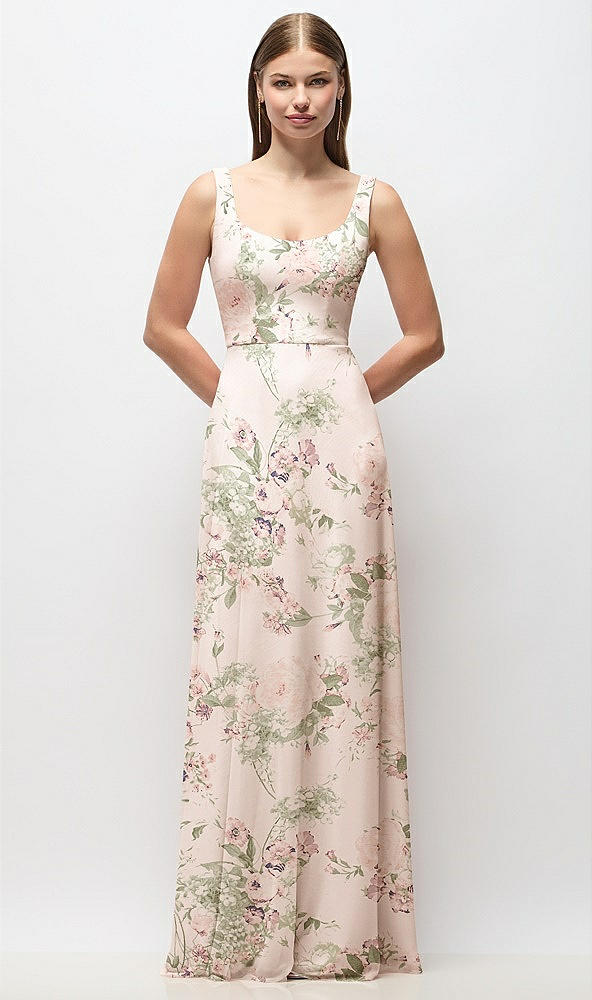 Front View - Blush Garden Scoop Neck Tank Strap Floral Chiffon Maxi Dress