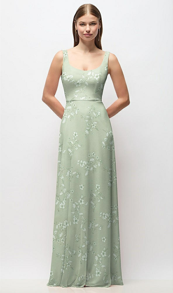 Front View - Vintage Primrose Sage Scoop Neck Tank Strap Floral Chiffon Maxi Dress