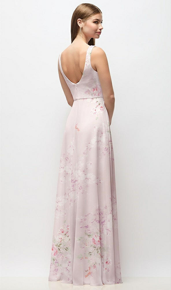 Back View - Watercolor Print Scoop Neck Tank Strap Floral Chiffon Maxi Dress