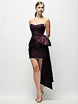 Front View Thumbnail - Deep Plum Strapless Pleated Draped Satin Mini Dress with Dramatic Long Tail Bow & Covered Buttons