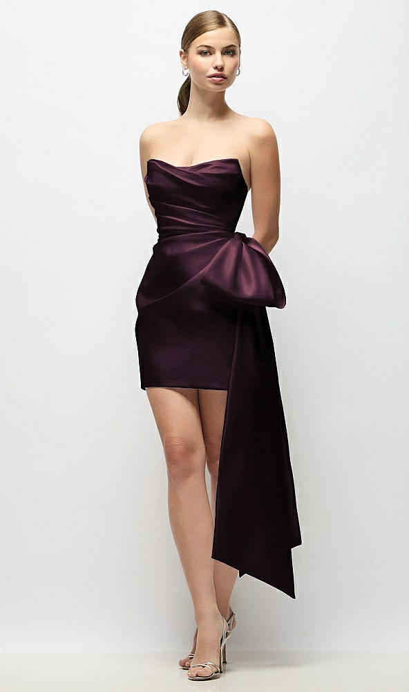 Front View - Deep Plum Strapless Pleated Draped Satin Mini Dress with Dramatic Long Tail Bow & Covered Buttons