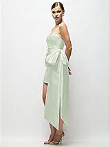 Side View Thumbnail - Mint Green Strapless Pleated Draped Satin Mini Dress with Dramatic Long Tail Bow & Covered Buttons