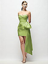 Front View Thumbnail - Mojito Strapless Pleated Draped Satin Mini Dress with Dramatic Long Tail Bow & Covered Buttons