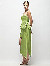 Side View Thumbnail - Mojito Strapless Pleated Draped Satin Mini Dress with Dramatic Long Tail Bow & Covered Buttons