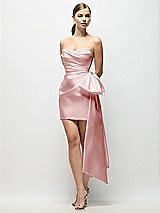 Front View Thumbnail - Ballet Pink Strapless Pleated Draped Satin Mini Dress with Dramatic Long Tail Bow & Covered Buttons