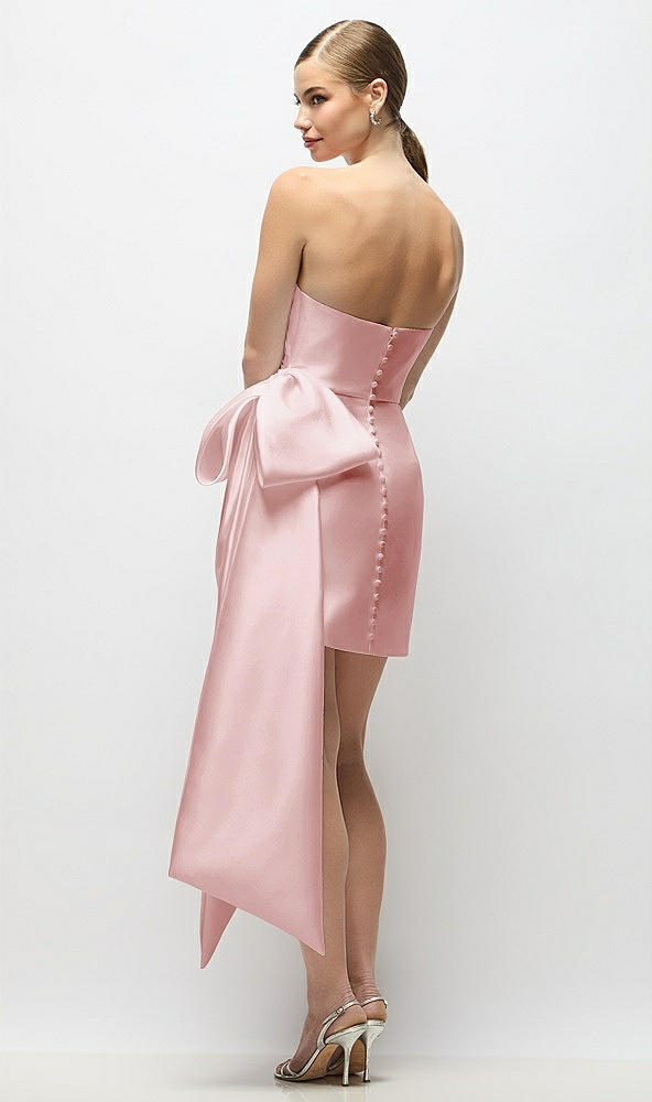 Back View - Ballet Pink Strapless Pleated Draped Satin Mini Dress with Dramatic Long Tail Bow & Covered Buttons