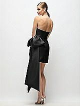 Rear View Thumbnail - Black Strapless Pleated Draped Satin Mini Dress with Dramatic Long Tail Bow & Covered Buttons