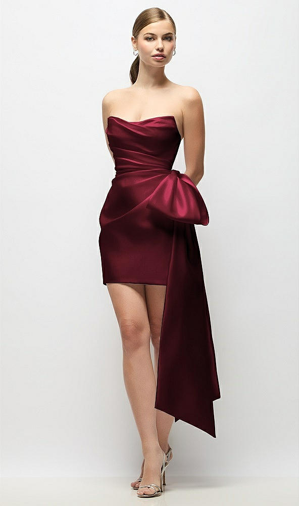 Front View - Cabernet Strapless Pleated Draped Satin Mini Dress with Dramatic Long Tail Bow & Covered Buttons