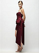 Side View Thumbnail - Cabernet Strapless Pleated Draped Satin Mini Dress with Dramatic Long Tail Bow & Covered Buttons