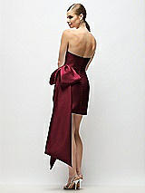 Rear View Thumbnail - Cabernet Strapless Pleated Draped Satin Mini Dress with Dramatic Long Tail Bow & Covered Buttons