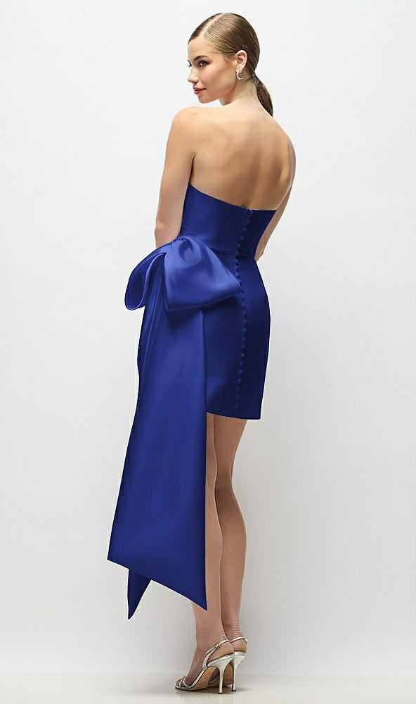 Back View - Cobalt Blue Strapless Pleated Draped Satin Mini Dress with Dramatic Long Tail Bow & Covered Buttons