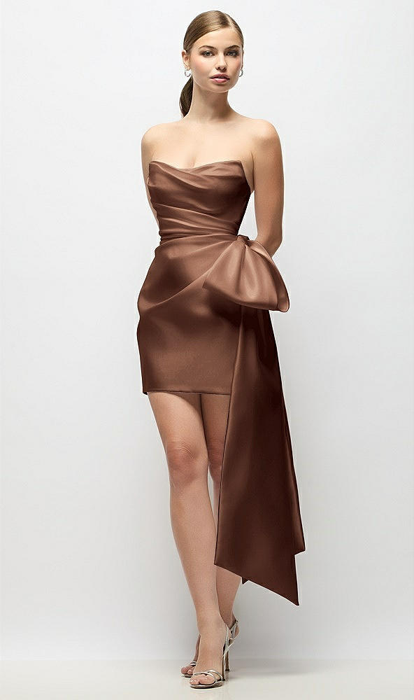 Front View - Cognac Strapless Pleated Draped Satin Mini Dress with Dramatic Long Tail Bow & Covered Buttons