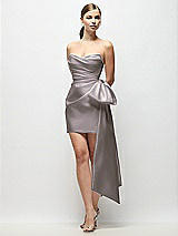 Front View Thumbnail - Cashmere Gray Strapless Pleated Draped Satin Mini Dress with Dramatic Long Tail Bow & Covered Buttons