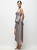 Side View Thumbnail - Cashmere Gray Strapless Pleated Draped Satin Mini Dress with Dramatic Long Tail Bow & Covered Buttons