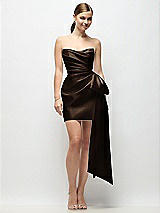 Alt View 1 Thumbnail - Espresso Strapless Pleated Draped Satin Mini Dress with Dramatic Long Tail Bow & Covered Buttons
