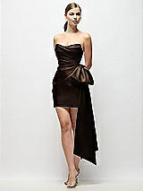 Front View Thumbnail - Espresso Strapless Pleated Draped Satin Mini Dress with Dramatic Long Tail Bow & Covered Buttons
