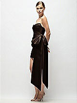 Side View Thumbnail - Espresso Strapless Pleated Draped Satin Mini Dress with Dramatic Long Tail Bow & Covered Buttons