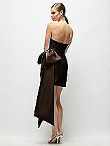 Rear View Thumbnail - Espresso Strapless Pleated Draped Satin Mini Dress with Dramatic Long Tail Bow & Covered Buttons