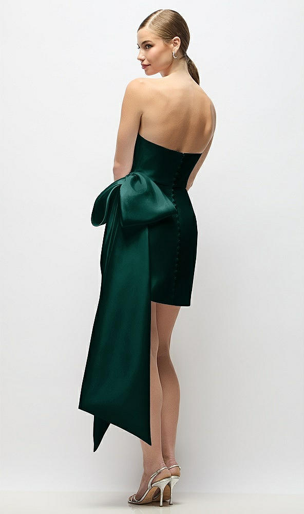 Back View - Evergreen Strapless Pleated Draped Satin Mini Dress with Dramatic Long Tail Bow & Covered Buttons