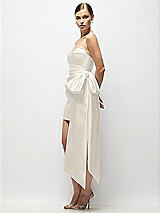 Side View Thumbnail - Ivory Strapless Pleated Draped Satin Mini Dress with Dramatic Long Tail Bow & Covered Buttons