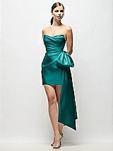 Front View Thumbnail - Jade Strapless Pleated Draped Satin Mini Dress with Dramatic Long Tail Bow & Covered Buttons