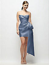 Alt View 1 Thumbnail - Larkspur Blue Strapless Pleated Draped Satin Mini Dress with Dramatic Long Tail Bow & Covered Buttons