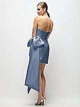 Rear View Thumbnail - Larkspur Blue Strapless Pleated Draped Satin Mini Dress with Dramatic Long Tail Bow & Covered Buttons