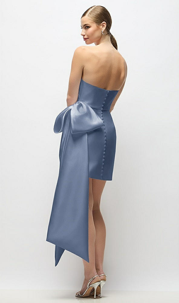 Back View - Larkspur Blue Strapless Pleated Draped Satin Mini Dress with Dramatic Long Tail Bow & Covered Buttons