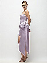Side View Thumbnail - Lilac Haze Strapless Pleated Draped Satin Mini Dress with Dramatic Long Tail Bow & Covered Buttons