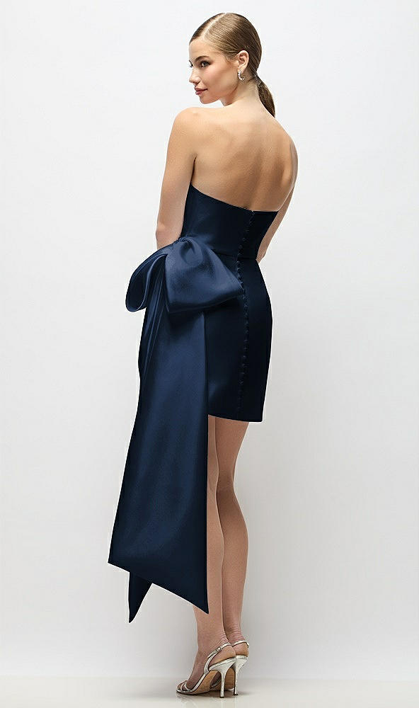 Back View - Midnight Navy Strapless Pleated Draped Satin Mini Dress with Dramatic Long Tail Bow & Covered Buttons