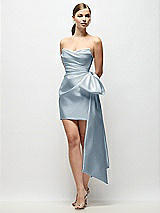 Front View Thumbnail - Mist Strapless Pleated Draped Satin Mini Dress with Dramatic Long Tail Bow & Covered Buttons