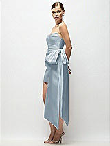 Side View Thumbnail - Mist Strapless Pleated Draped Satin Mini Dress with Dramatic Long Tail Bow & Covered Buttons