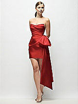 Front View Thumbnail - Poppy Red Strapless Pleated Draped Satin Mini Dress with Dramatic Long Tail Bow & Covered Buttons