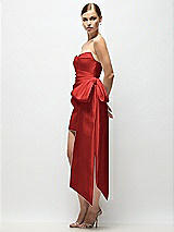 Side View Thumbnail - Poppy Red Strapless Pleated Draped Satin Mini Dress with Dramatic Long Tail Bow & Covered Buttons