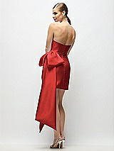Rear View Thumbnail - Poppy Red Strapless Pleated Draped Satin Mini Dress with Dramatic Long Tail Bow & Covered Buttons