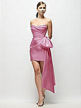 Front View Thumbnail - Powder Pink Strapless Pleated Draped Satin Mini Dress with Dramatic Long Tail Bow & Covered Buttons