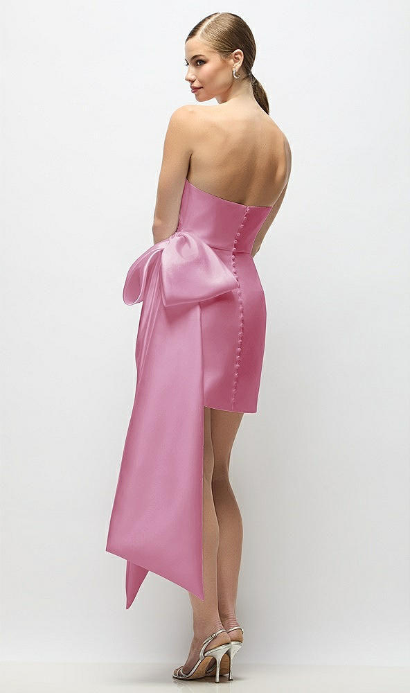 Back View - Powder Pink Strapless Pleated Draped Satin Mini Dress with Dramatic Long Tail Bow & Covered Buttons