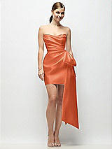 Alt View 1 Thumbnail - Portofino Orange Strapless Pleated Draped Satin Mini Dress with Dramatic Long Tail Bow & Covered Buttons