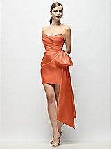 Front View Thumbnail - Portofino Orange Strapless Pleated Draped Satin Mini Dress with Dramatic Long Tail Bow & Covered Buttons