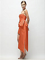Side View Thumbnail - Portofino Orange Strapless Pleated Draped Satin Mini Dress with Dramatic Long Tail Bow & Covered Buttons