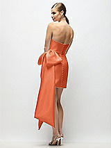 Rear View Thumbnail - Portofino Orange Strapless Pleated Draped Satin Mini Dress with Dramatic Long Tail Bow & Covered Buttons
