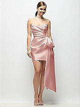 Alt View 1 Thumbnail - Rose Strapless Pleated Draped Satin Mini Dress with Dramatic Long Tail Bow & Covered Buttons